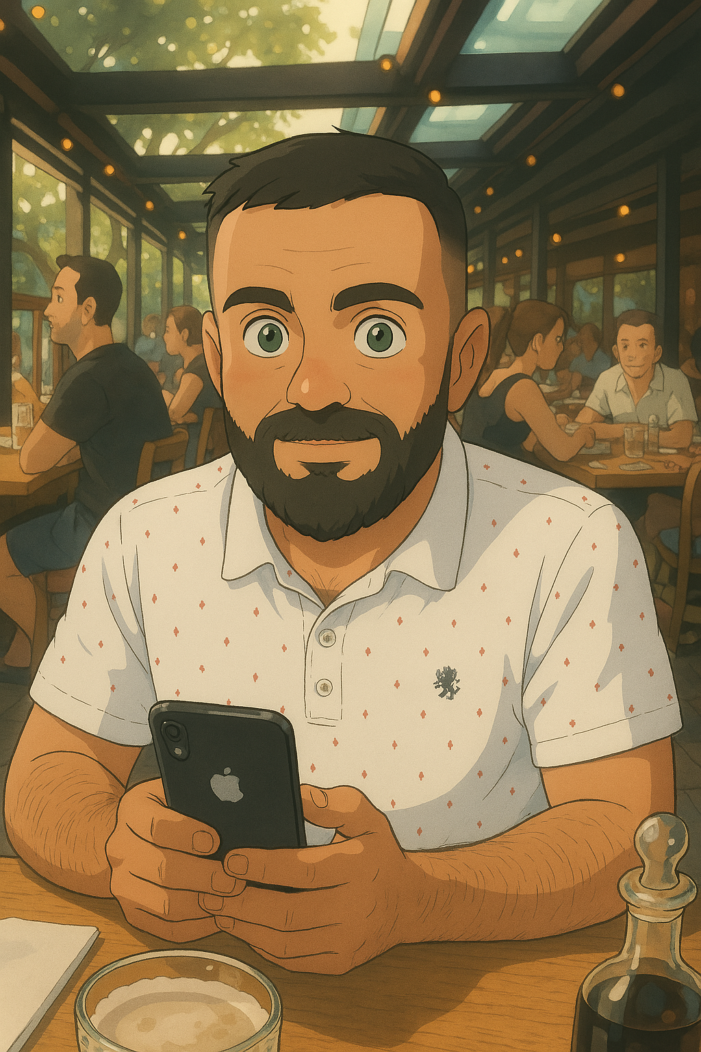 Bearded man at café holding phone, illustrated in cozy, modern style